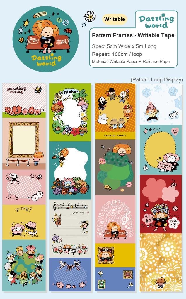 Bring a little sparkle to your notes. Our Dazzling World Writable Washi Tape features whimsical, light-catching illustrations on a smooth, writable surface - so you can jot down dates, labels, reminders, or tiny messages directly onto the tape.
Perfect for planners, journals, gift tags, and organizing with a touch of magic.
Write it. Stick it. Make it shine.
Choose from the following products
1. Washi Tape Full Loop
Materials:
Washi tape on release paper
SIZE:
Full roll: 45mm wide x 5m
