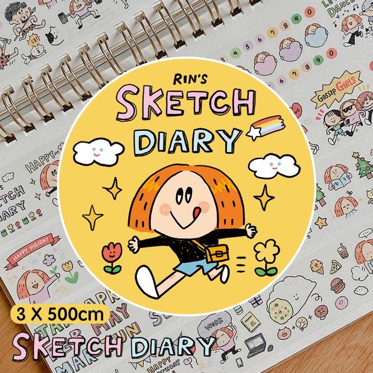 Volume 1:
Today we bring you the <sketch diary=""> category, which has captured the beautiful life Rin is experiencing everyday :)
The inspiration comes from the hand-drawn calendars of each month. The size is 3 cm wide, and with many interesting small paintings for practical daily use. It is a washi tape carefully designed for the calendar grid. It is versatile and super cute,and can be used no matter how you stick it. CUTENESS OVERLOAD!
Full roll: 30mm wide x 5m long (5 loops)
Materials: Washi tape on re