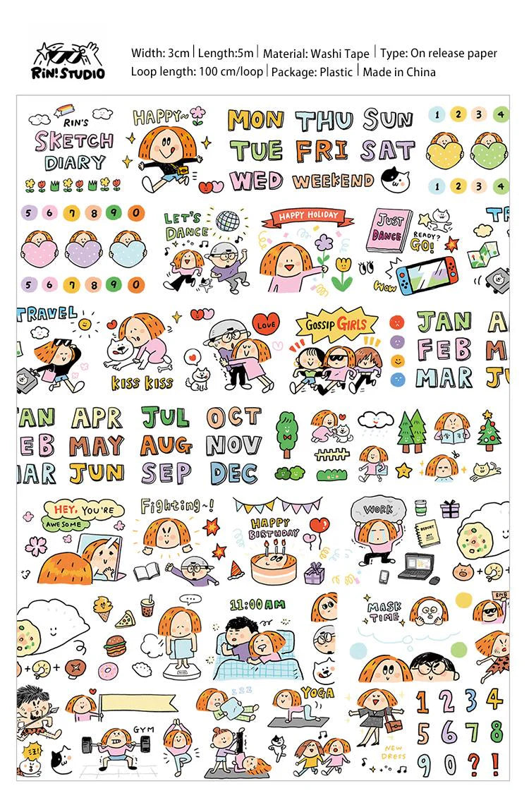 Volume 1:
Today we bring you the <sketch diary=""> category, which has captured the beautiful life Rin is experiencing everyday :)
The inspiration comes from the hand-drawn calendars of each month. The size is 3 cm wide, and with many interesting small paintings for practical daily use. It is a washi tape carefully designed for the calendar grid. It is versatile and super cute,and can be used no matter how you stick it. CUTENESS OVERLOAD!
Full roll: 30mm wide x 5m long (5 loops)
Materials: Washi tape on re