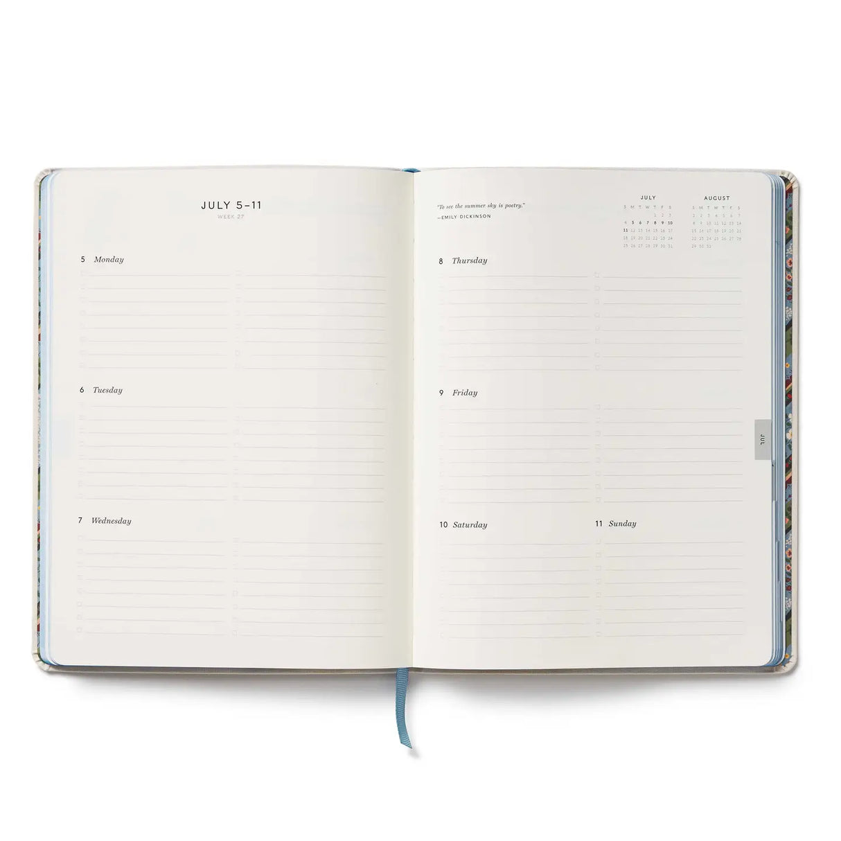 A daily essential with keepsake quality. With a cover inspired by classic cross stitch samplers, this fabric-wrapped planner features gold foil details, weekly and monthly views, space for notes and to-dos, and a list of celebrations.
DETAILS
Printed in full color with foil stamped year
Book cloth cover with ivory uncoated paper
Natural white text paper interior
January 2027-December 2027
Monthly and weekly views
Space for notes each week
List of celebrations
7.18" W x 9.62" L