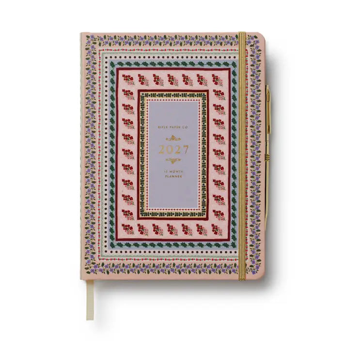 Spanning January 2027 to December 2027, this hardcover planner is framed in our charming Paisley print with a foil-stamped year, and an elastic closure. In addition to weekly and monthly views, the interior includes space for weekly notes and to-dos, a list of celebrations, a pocket folder for storage, and a gold pen.
DETAILS
Printed in full color with foil stamped year
Book cloth wrapped hardboard cover
January 2027-December 2027
Monthly and weekly views
Space for notes and to-dos each week
List of celeb