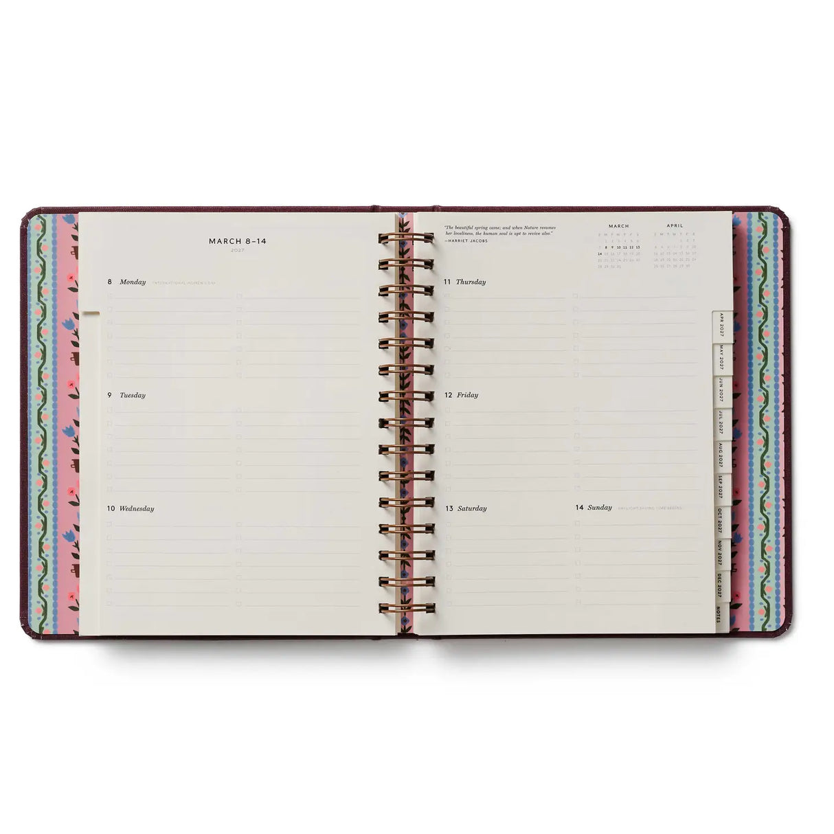 Start planning ahead with our 17-month planner. A sturdy hard cover with gold accents wraps over an interior spiral binding with a metallic band to hold the pages closed. Inside you’ll find monthly and weekly views, inspirational quotes, sections for notes and goals, an illustrated pocket folder, and 3 pages of stickers. Planners span August 2026-December 2027.
DETAILS
Printed in full color with foil stamped year
Textured coated paper cover
Natural white text paper interior
August 2026-December 2027
Week