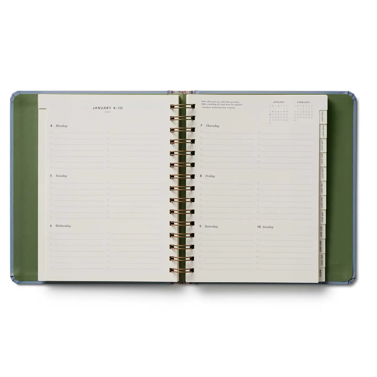 Start planning ahead with our 17-month planner. A sturdy hard cover with gold accents wraps over an interior spiral binding with a metallic band to hold the pages closed. Inside you’ll find monthly and weekly views, inspirational quotes, sections for notes and goals, an illustrated pocket folder, and 3 pages of stickers. Planners span August 2026-December 2027.
DETAILS
Printed in full color with foil stamped year
Textured coated paper cover
Natural white text paper interior
August 2026-December 2027
Week