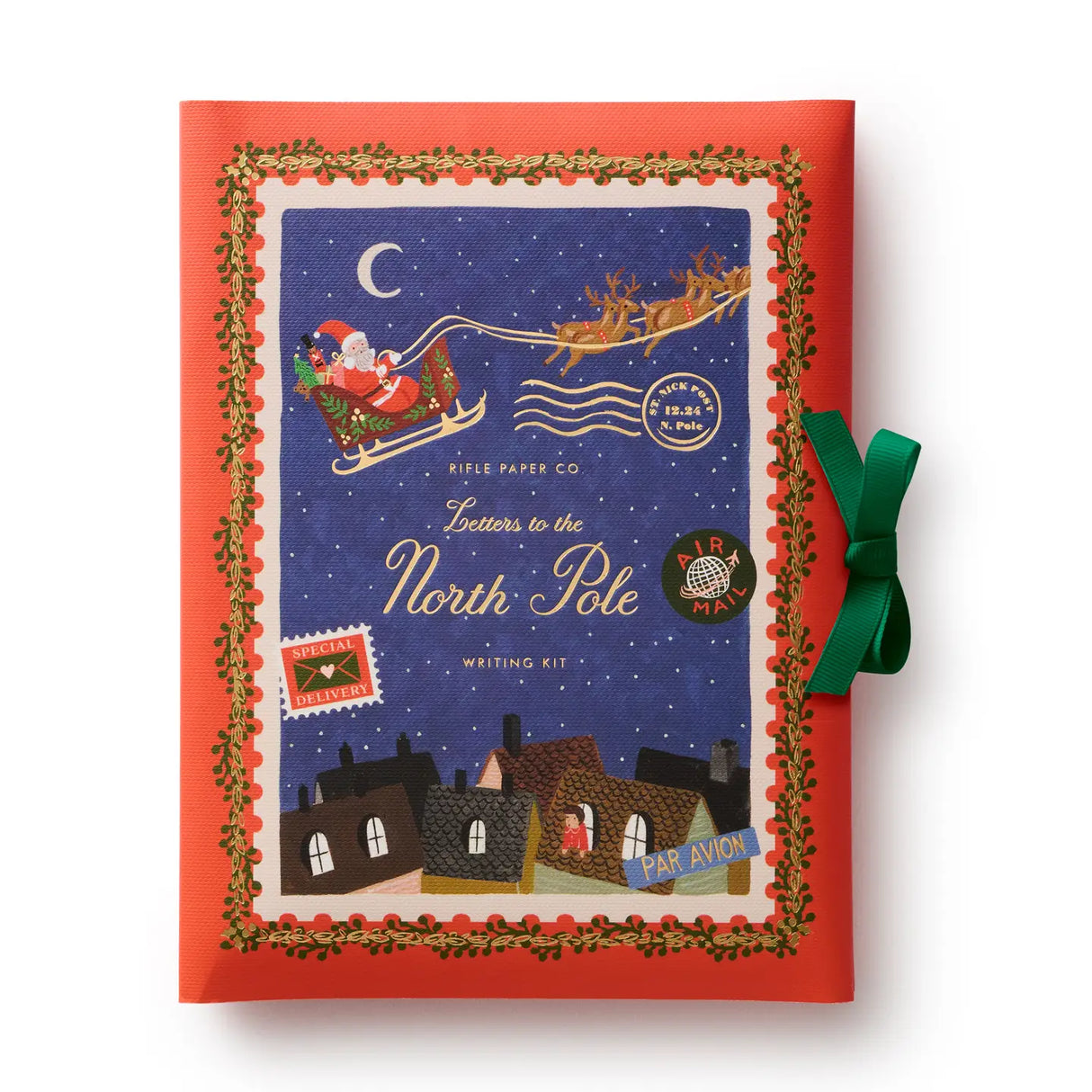 North Pole bound! Pen letters to Santa with this set of 12 illustrated notecards, including matching envelopes tucked inside a folio-style folder that closes with a ribbon.