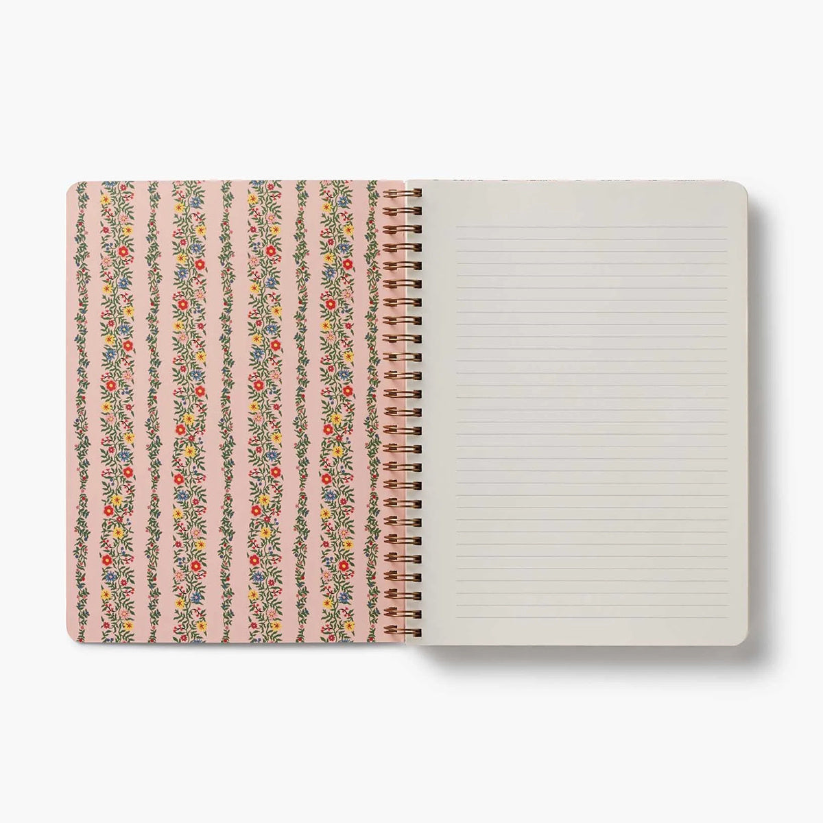 Printed on heavy-weight textured paper, this softcover spiral notebook features an illustrated cover with Rosette florals and gold foil accents. The notebook has 150 ruled, perforated pages, a sturdy double-spiral binding, and pockets for extra storage.
