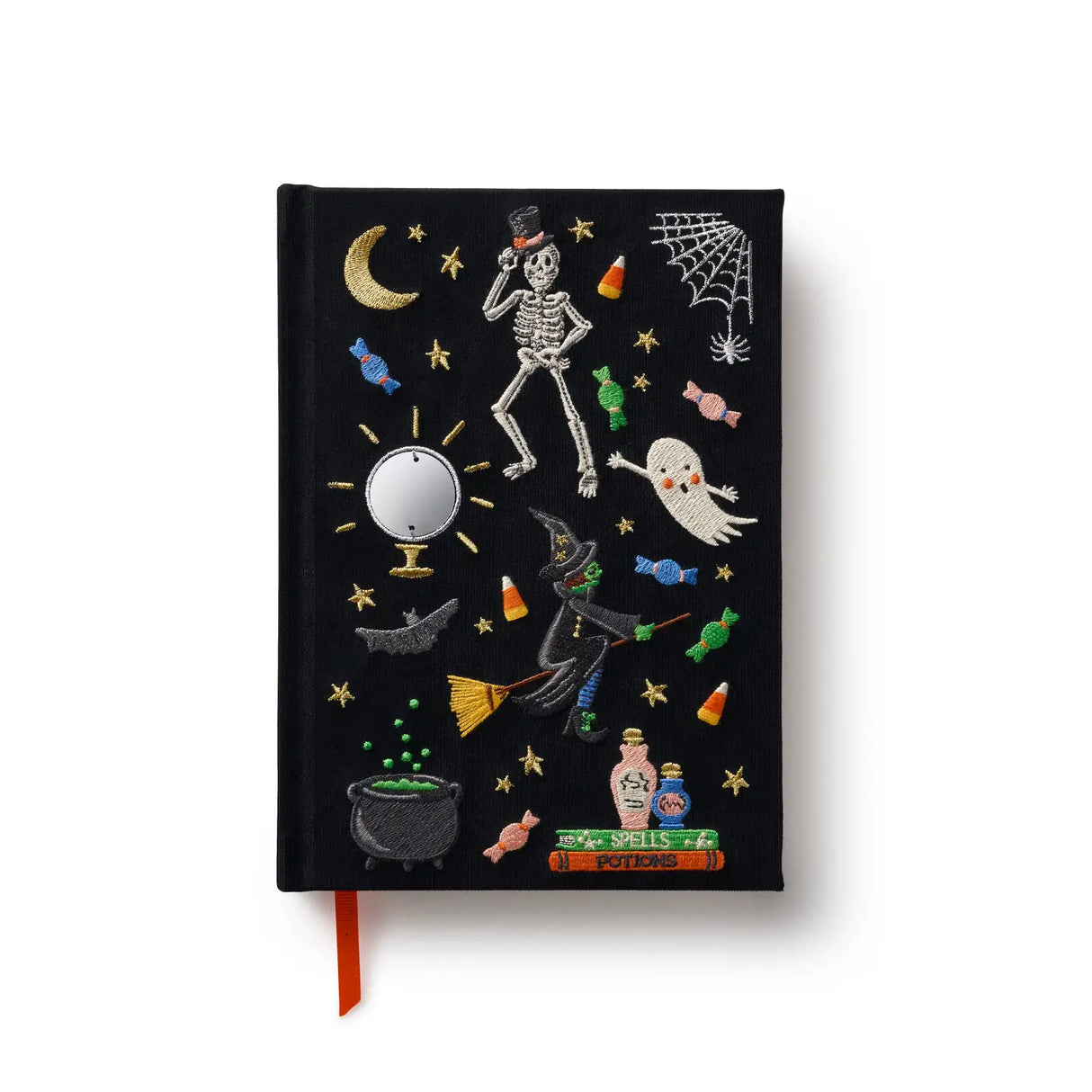 With Halloween embroidery on a corduroy cover, this journal features 400 lined pages and a grosgrain ribbon bookmark to save your place
