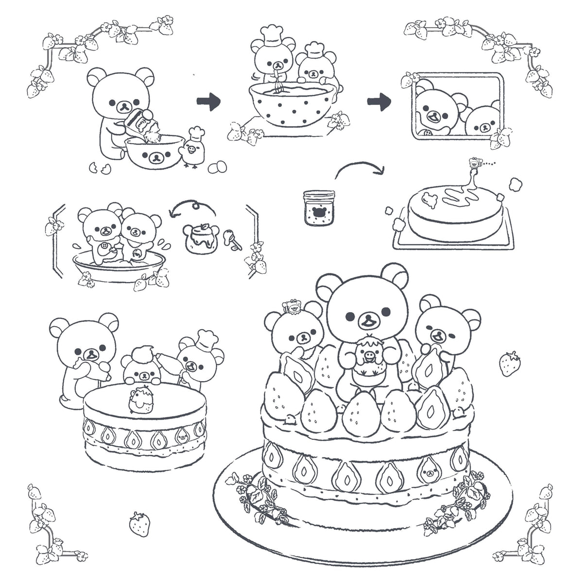 Join the lazy bear Rilakkuma and friends for an adorable coloring adventure full of sweet and savory treats, from berries and cakes to hamburgers and pizza. This book is one of the first in a new series of officially licensed Rilakkuma coloring books!
Rilakkuma, meaning “bear in relaxed mode,” is beloved worldwide for its irresistible kawaii cuteness. Now, for the first time, you can collect a series of cute and cozy coloring books featuring Rilakkuma, Korilakkuma, Chairoikoguma, Kiiroitori, and friends. T