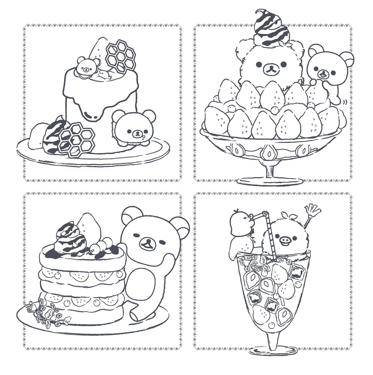 Join the lazy bear Rilakkuma and friends for an adorable coloring adventure full of sweet and savory treats, from berries and cakes to hamburgers and pizza. This book is one of the first in a new series of officially licensed Rilakkuma coloring books!
Rilakkuma, meaning “bear in relaxed mode,” is beloved worldwide for its irresistible kawaii cuteness. Now, for the first time, you can collect a series of cute and cozy coloring books featuring Rilakkuma, Korilakkuma, Chairoikoguma, Kiiroitori, and friends. T