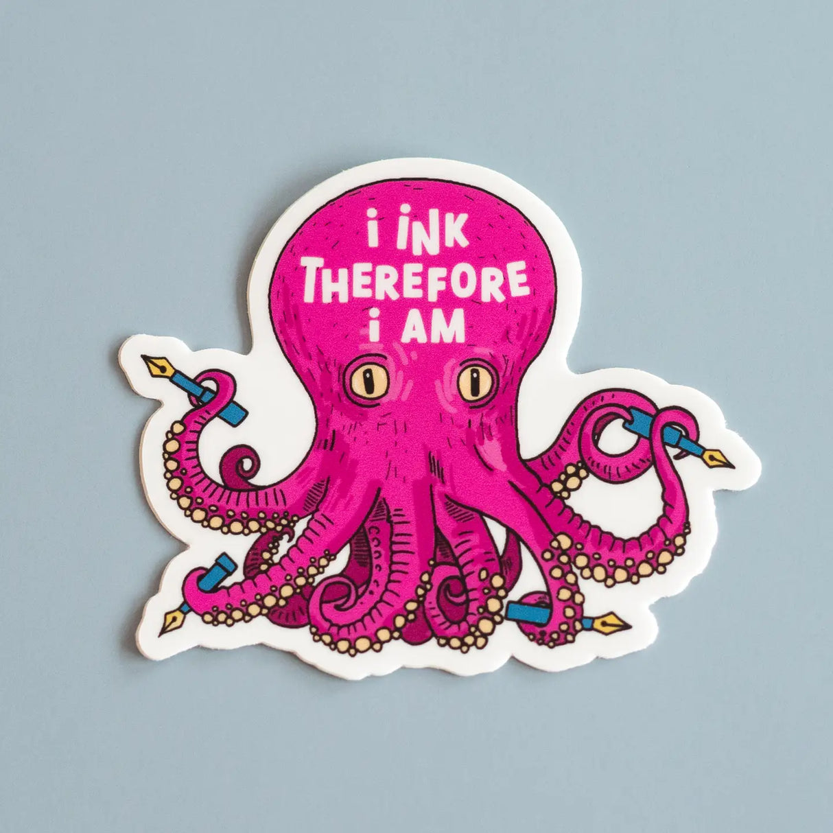 Express your love for art and humor with our 'I Ink Therefore I Am' vinyl sticker. This quirky 2.6x3 inch sticker features a whimsical pink octopus holding pens with the clever message 'I Ink Therefore I Am.' Perfect for artists, writers, and anyone who appreciates a good pun, this durable, waterproof sticker is ideal for decorating your laptop, water bottle, notebook, or car.
🌟 Key Features:
• Dimensions: 2.6 x 3 inches
• High-quality vinyl material
• Waterproof and weather-resistant
• Ideal fo