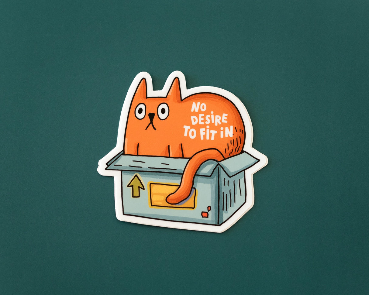 A bold illustrated vinyl sticker featuring a defiant orange cat lounging in a box—perfect for celebrating individuality, independence, and not caring what anyone thinks.
🌟 Key Features:
• Dimensions: 3 x 3 inches
• High-quality vinyl material
• Waterproof and weather-resistant
• Ideal for personalizing any surface