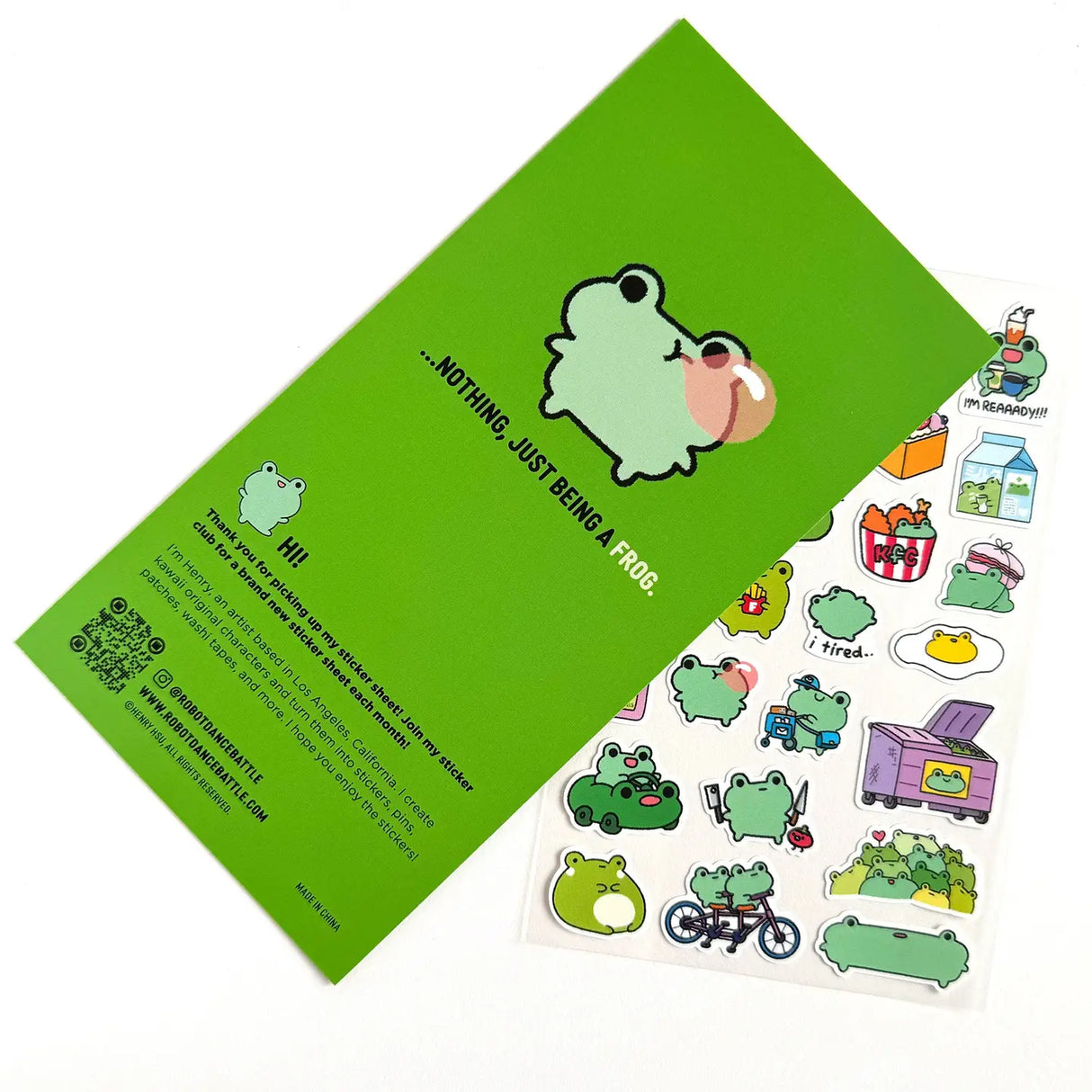 This is part of a new series of sticker sheets that feature different "days".
There are 25 individual stickers on the sheet full of FROGS.
They are vinyl stickers on a clear plastic sheet with a backing card. The bag has a hanging hole for retail display.
The whole packaging is 3.8 x 8.75" and is ready to hang.
The sticker sheet is 3.75 x 5.8"