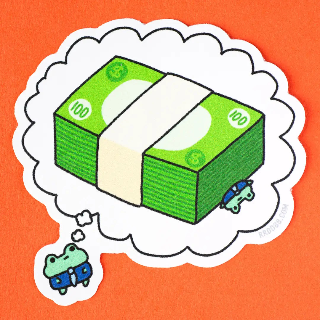 Dream of bigger monies.
Printed on premium, durable weatherproof vinyl. Great for planners, bullet journals, laptop, water bottles, anywhere!
This is a 3 x 2.75" sticker.