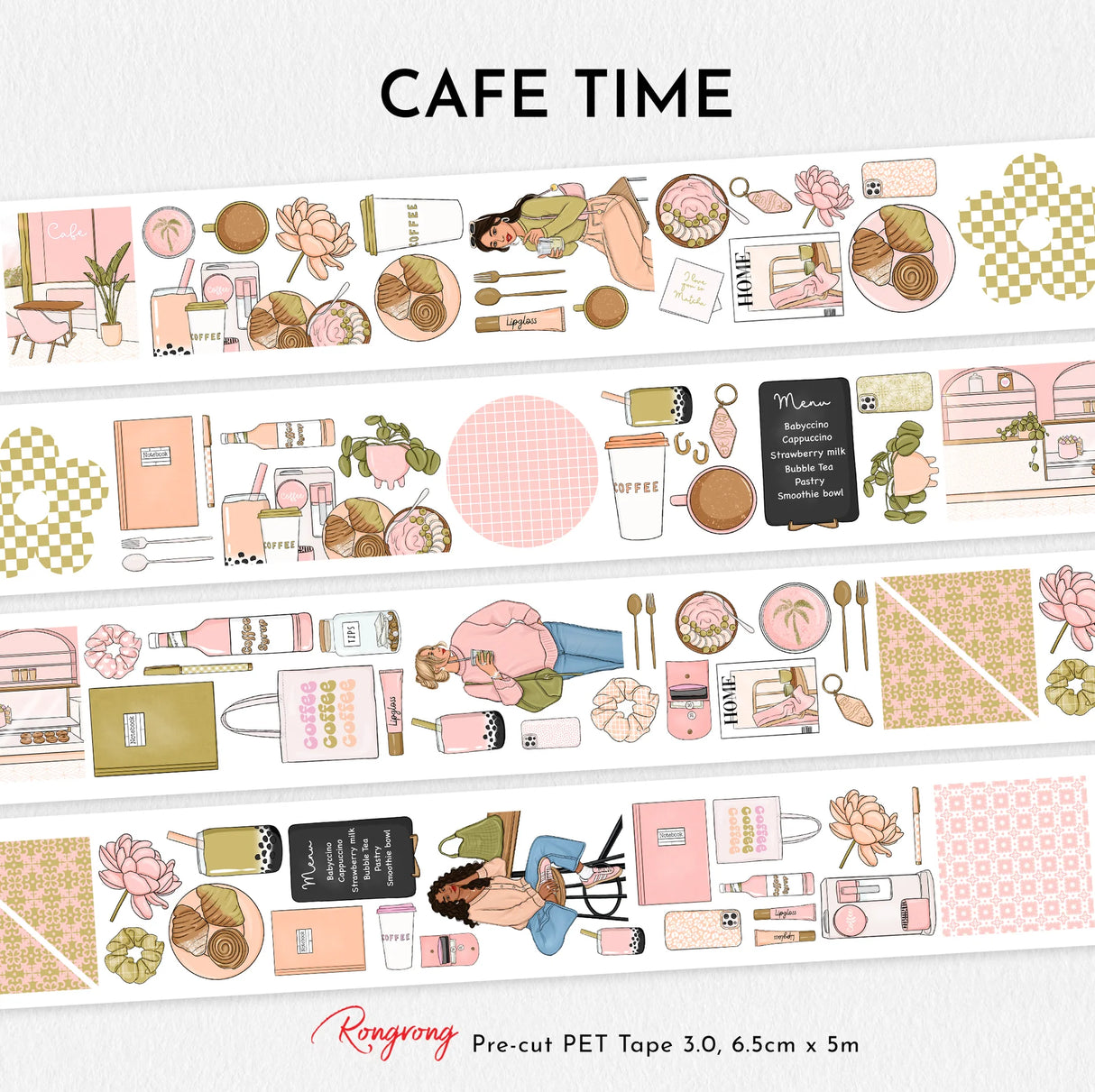 Slow mornings, warm drinks, and cozy café corners — Cafe Time Pre-cut PET Tape 3.0 captures the simple joy of coffee shop moments in the cutest way. This collection is filled with charming café scenes, pastries, coffee cups, books, plants, and soft lifestyle elements designed to bring warmth and everyday happiness to your pages.
The soft neutral and blush tones make this tape perfect for creating cozy, feminine, and aesthetic spreads. Because the designs are pre-cut, you can simply peel and