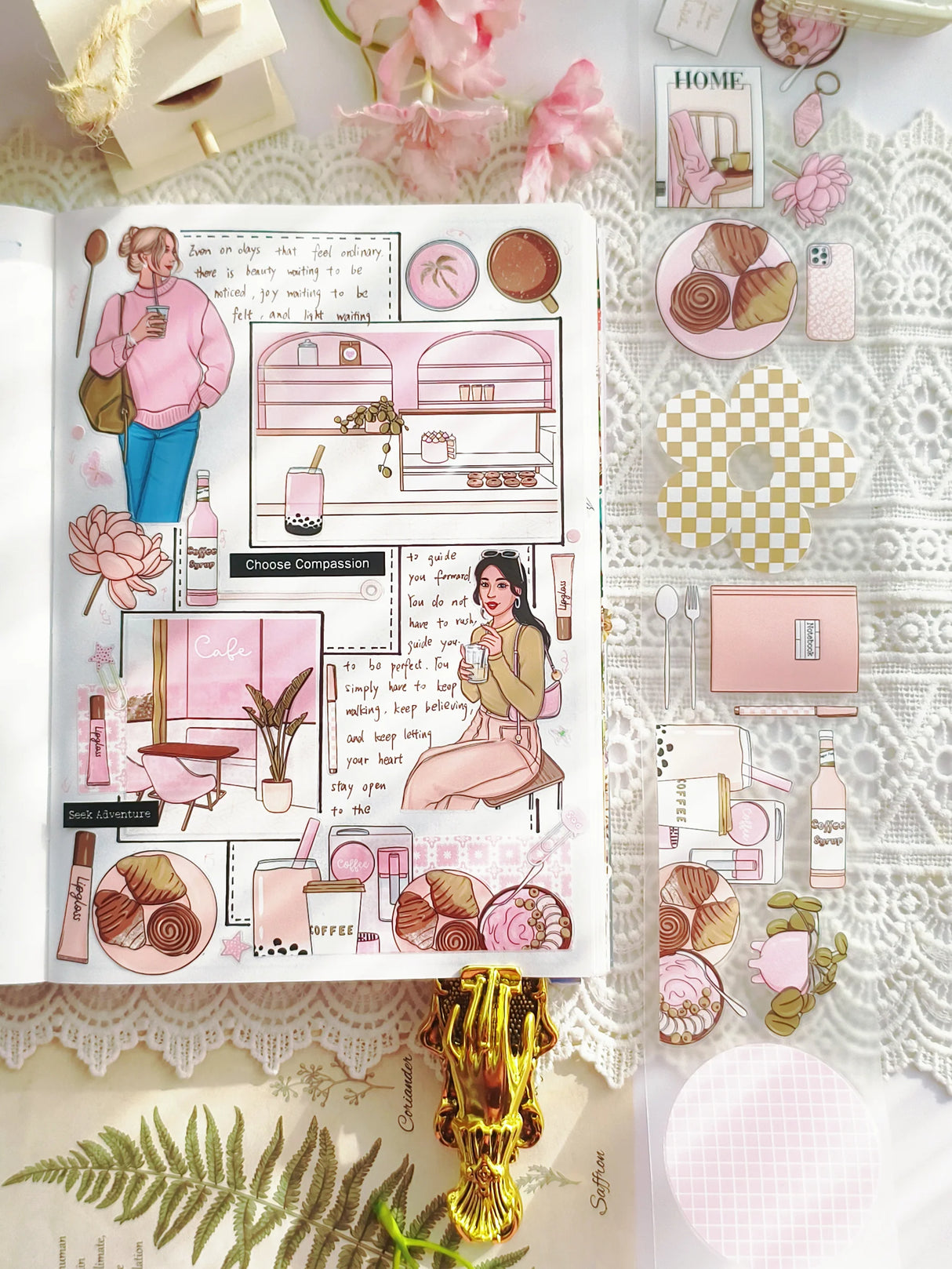 Slow mornings, warm drinks, and cozy café corners — Cafe Time Pre-cut PET Tape 3.0 captures the simple joy of coffee shop moments in the cutest way. This collection is filled with charming café scenes, pastries, coffee cups, books, plants, and soft lifestyle elements designed to bring warmth and everyday happiness to your pages.
The soft neutral and blush tones make this tape perfect for creating cozy, feminine, and aesthetic spreads. Because the designs are pre-cut, you can simply peel and