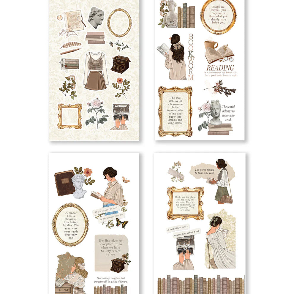 Immerse yourself in the light academia aesthetic, where the beauty of reading and the elegance of learning are romanticized. "Rongrong's Bookworm Vol. 3" is more than just a sticker book; it's an invitation to romanticize your life and reading habits, to find joy in the quiet moments spent between the pages of a book.
This sticker pack has 24 pages of hand-drawn planner stickers including:
12 pages of functional paper planner stickers
12 pages of transparent decorative stickers