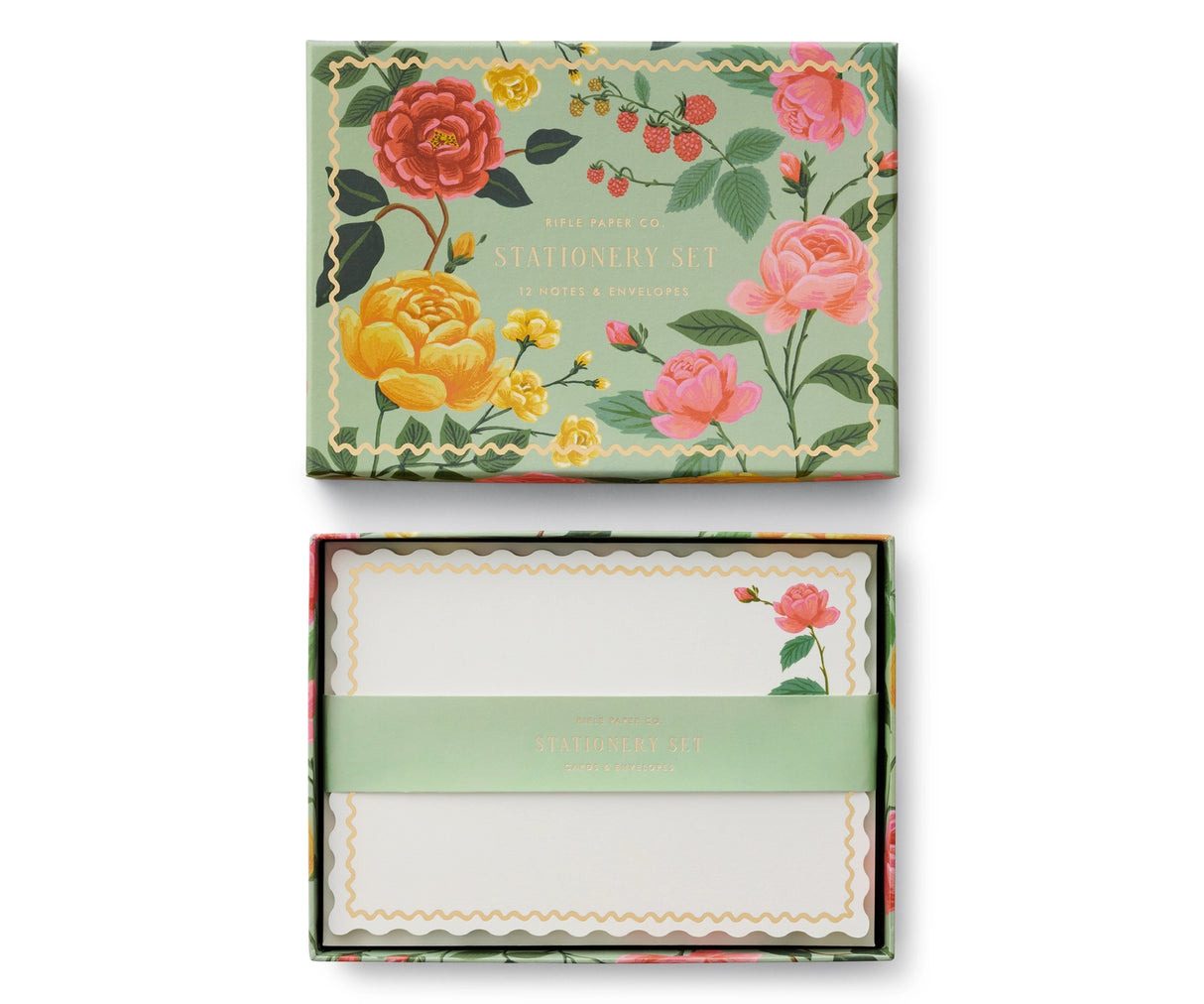 Stationery set with 12 note cards and envelopes. Three different designs for the notes.
Dimensions: 7 x 5 x 1.1 in (17.8 x 12.7 x 2.9 cm)