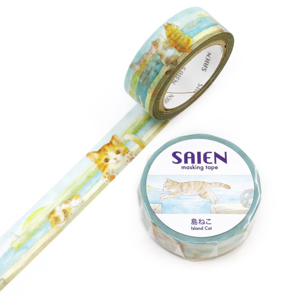 A tiny tropical getaway unfolds across this charming washi tape, where carefree cats lounge among fruits, flowers, and seaside colors. Illustrated in SAIEN’s signature soft watercolor style, each scene feels like a warm island afternoon, sunny, sweet, and full of gentle whimsy. The translucent Japanese paper adds an airy glow, letting the colors blend beautifully into journals, planners, and craft projects.