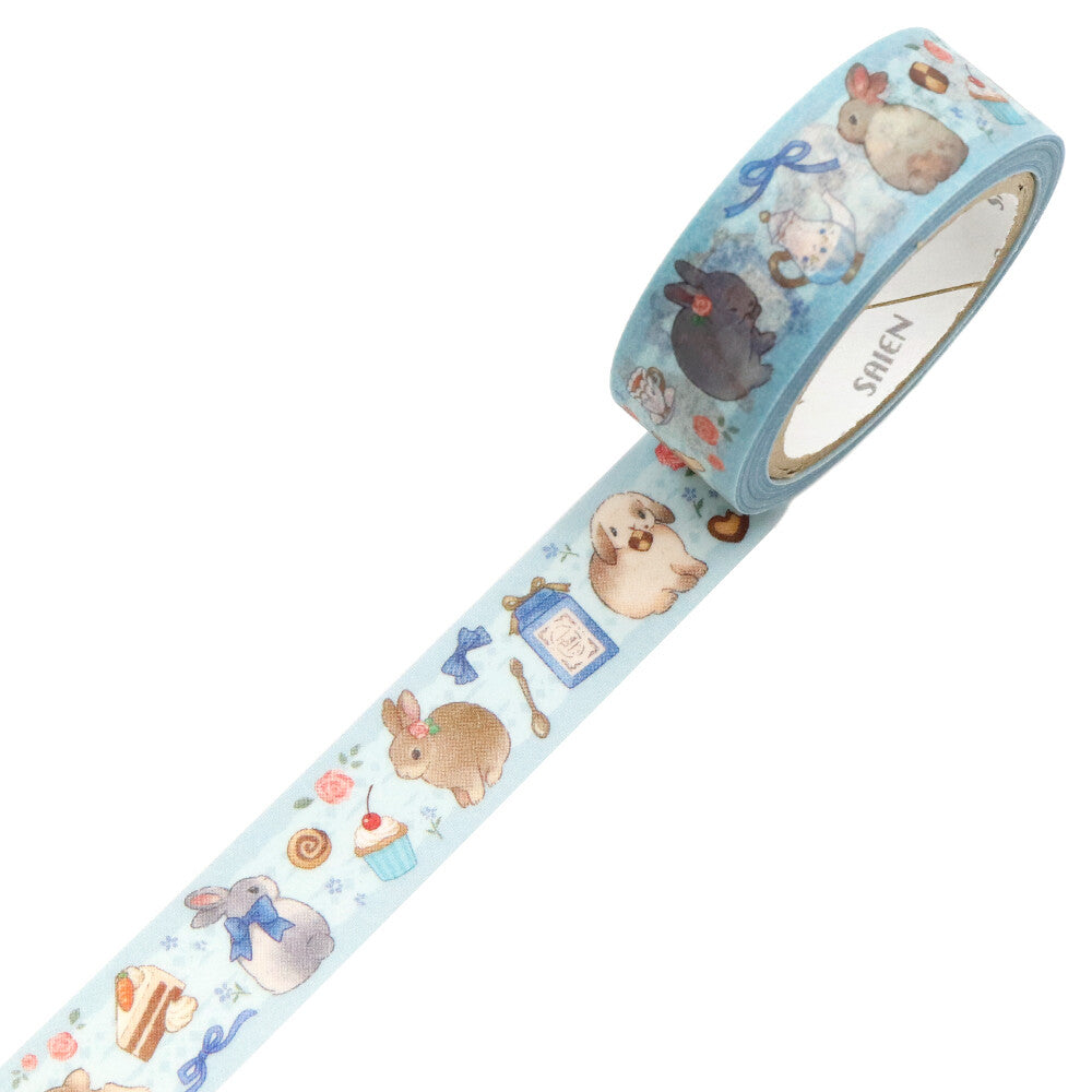 Tiny rabbits drift across this tape like gentle thoughts on a quiet morning. Their watercolor forms feel as light as petals, hopping through soft blue space with a sweetness that never tries too hard. The translucent Japanese paper lets each little bunny glow, as if touched by a bit of sky.
