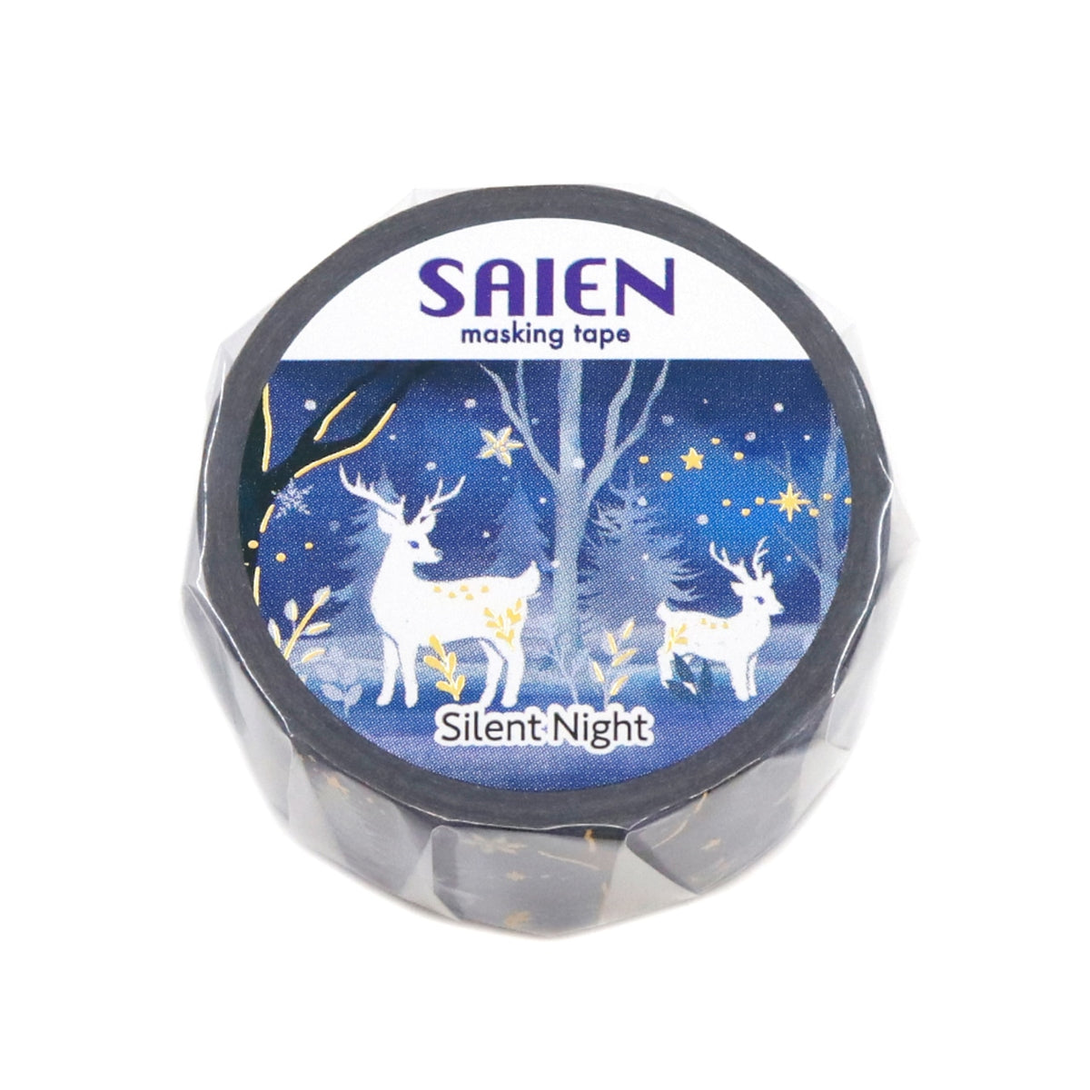 SAIEN - Silent Night Washi Tape
A special Christmas themed masking tape is here! The beautiful design evokes a tranquil night, adorned with vibrant gold leaf. This tape adds a special sparkle to your Christmas creations and creates a heartwarming moment!
Size approx. 20mm x5m
Country of manufacture: Japan
Material / component: Paper