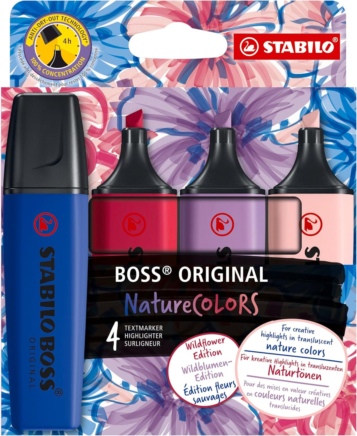 The STABILO BOSS ORIGINAL NatureCOLORS Wildflower highlighter impresses with modern colours and a subtle luminosity that makes any document or study material special. The four colours—ultramarine blue, burgundy red, gray-violet, and rouge—are ideal for anyone who wants to incorporate trendy colors from interior and fashion design into their stationery.
The iconic chisel tip delivers two line widths in a single marker: 2 mm for precise underlining and 5 mm for broad highlighting, making it equally cap