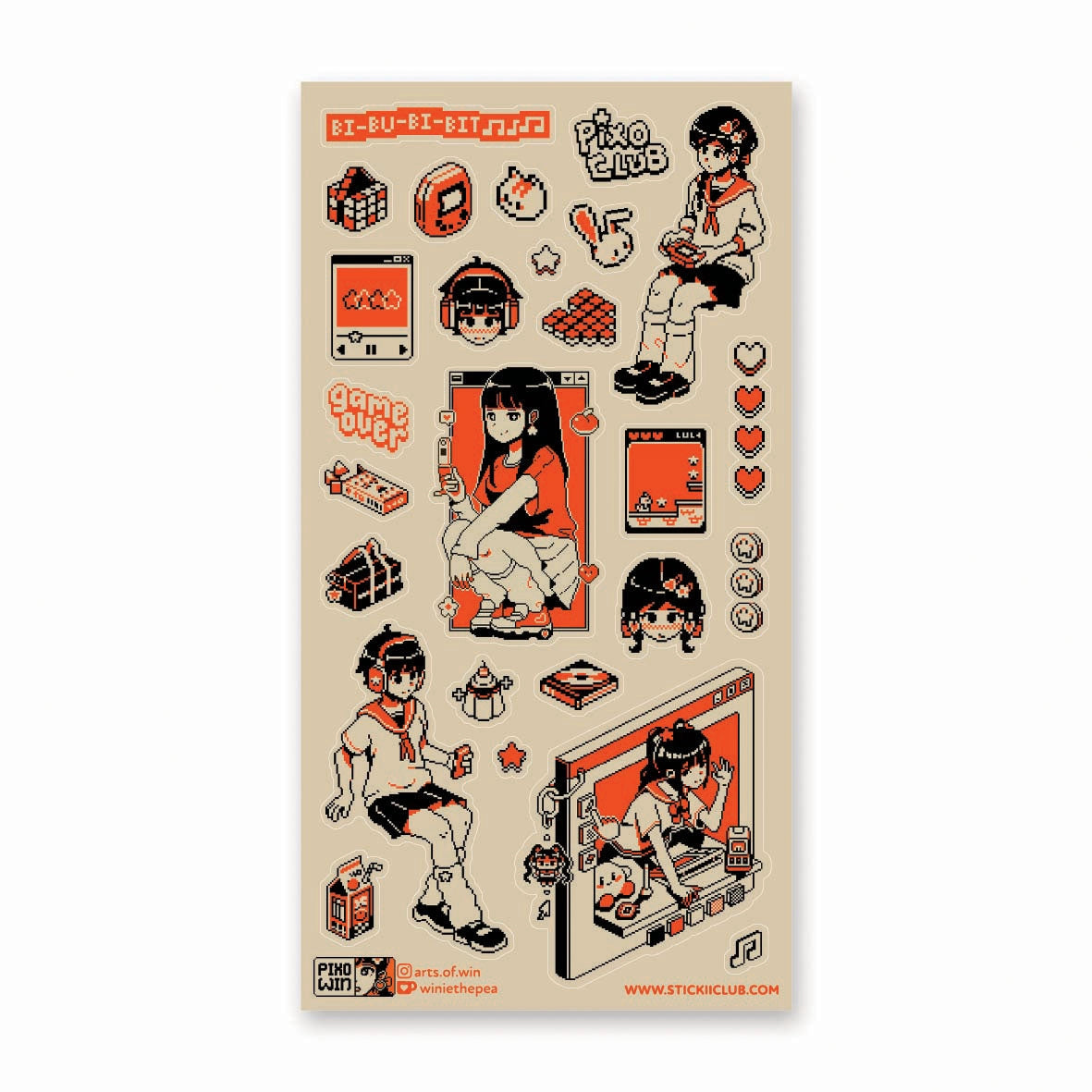 🕹️🧡 BI-BU-BI-BIT! Power up with @arts.of.win’s pixel-perfect dream squad, where retro vibes and arcade hearts collide. From handheld consoles and chunky headphones to rhythm-game screens and snack breaks mid-level, this crew is living life one extra life at a time. Whether you’re grinding for high scores or just vibing with your favorite chiptune, these stickers are a total game over (in the best way).
Art by: @arts.of.win
Top Coating: None
Adhesive Layer: PVC (plastic)
Backing Layer: Clear PET
6.69" x