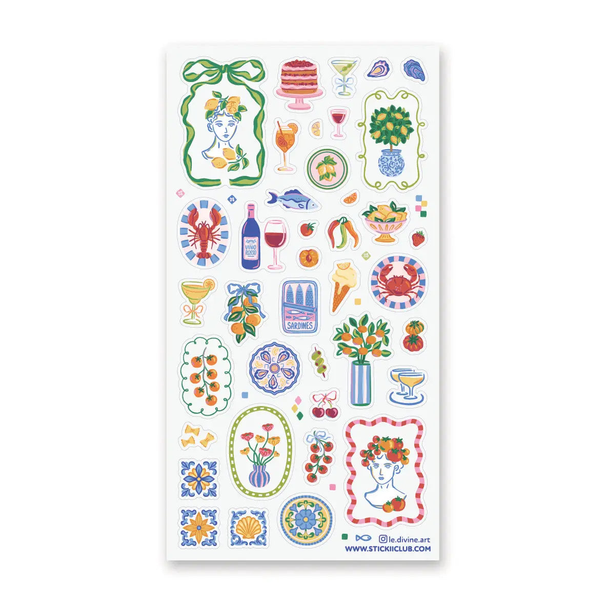 🍋🦞 Ciao to sunny days, seaside snacks, and a table full of color! This playful sheet is packed with lemons, tomatoes, seafood, spritzes, sardines, patterned tiles, and plenty of Mediterranean flair. Add in a few artsy portraits and bright floral details, and it’s basically a whole summer getaway squeezed onto one sticker sheet.
Top Coating: None
Adhesive Layer: PVC (plastic)
Backing Layer: Clear
6.69" x 3.54".
Weight - 0.03lbs
1 sheet included