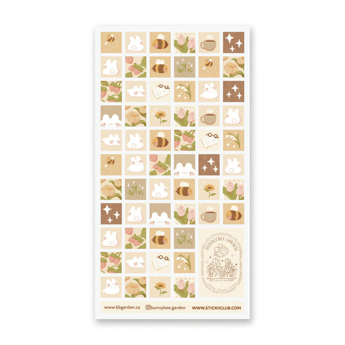 🌻🐝 Buzz on over to @bunnybee.garden’s whimsical garden, where chubby bunny-bees flutter through fields of flowers and cozy mushroom hideaways. From watering plants and zooming past blooming petals to splashing in puddles and snoozing in grassy corners, this sheet is bee-yond adorable.
Art by: @bunnybee.garden
Top Coating: None
Adhesive Layer: Paper
Backing Layer: Clear PET
6.69" x 3.54".
Weight - 0.03lbs.
1 sheet included