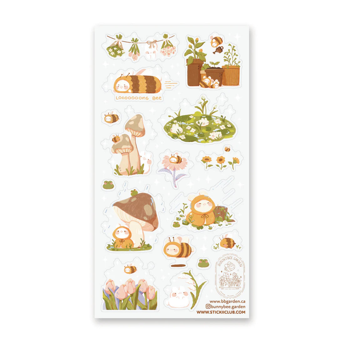 🌻🐝 Buzz on over to @bunnybee.garden’s whimsical garden, where chubby bunny-bees flutter through fields of flowers and cozy mushroom hideaways. From watering plants and zooming past blooming petals to splashing in puddles and snoozing in grassy corners, this sheet is bee-yond adorable.
Art by: @bunnybee.garden
Top Coating: None
Adhesive Layer: PVC (plastic)
Backing Layer: Clear PET
6.69" x 3.54".
Weight - 0.03lbs.
1 sheet included