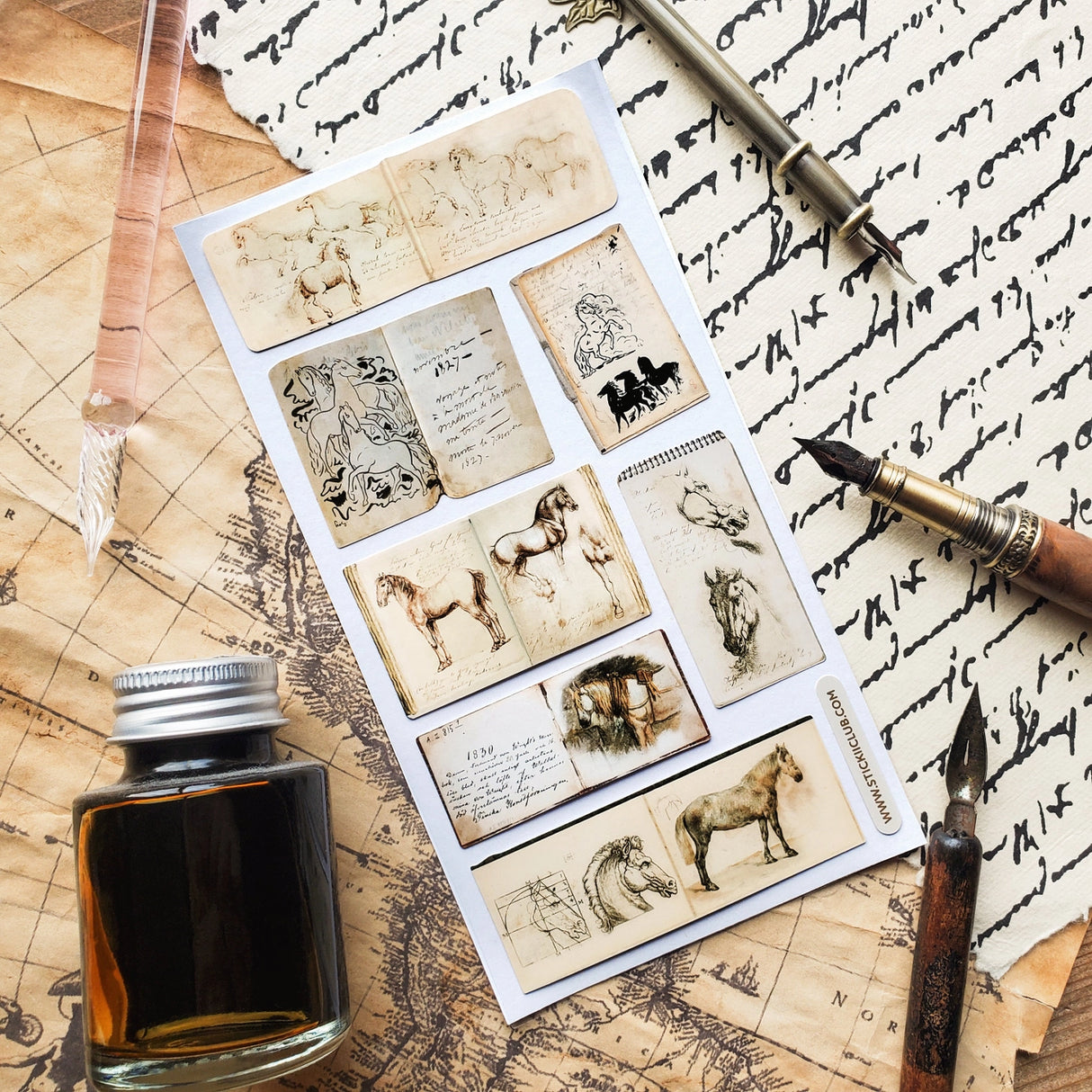 📜🖊 Featuring pages filled with smudged notes, aged paper, and elegant drawings, explore the quiet poetry of the past with this exquisite set of antique horse sketches. From spirited stallions mid-gallop to tender, meticulously rendered portraits, each journal gives us a glimpse into an artist’s wandering, timeworn sketchbook.
