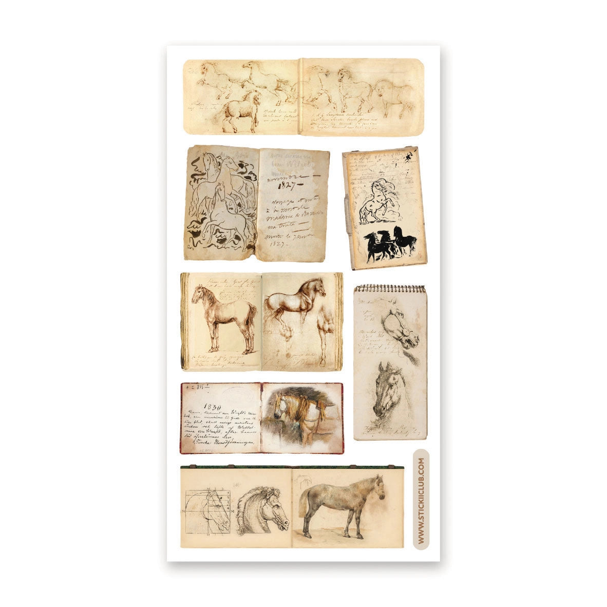 📜🖊 Featuring pages filled with smudged notes, aged paper, and elegant drawings, explore the quiet poetry of the past with this exquisite set of antique horse sketches. From spirited stallions mid-gallop to tender, meticulously rendered portraits, each journal gives us a glimpse into an artist’s wandering, timeworn sketchbook.