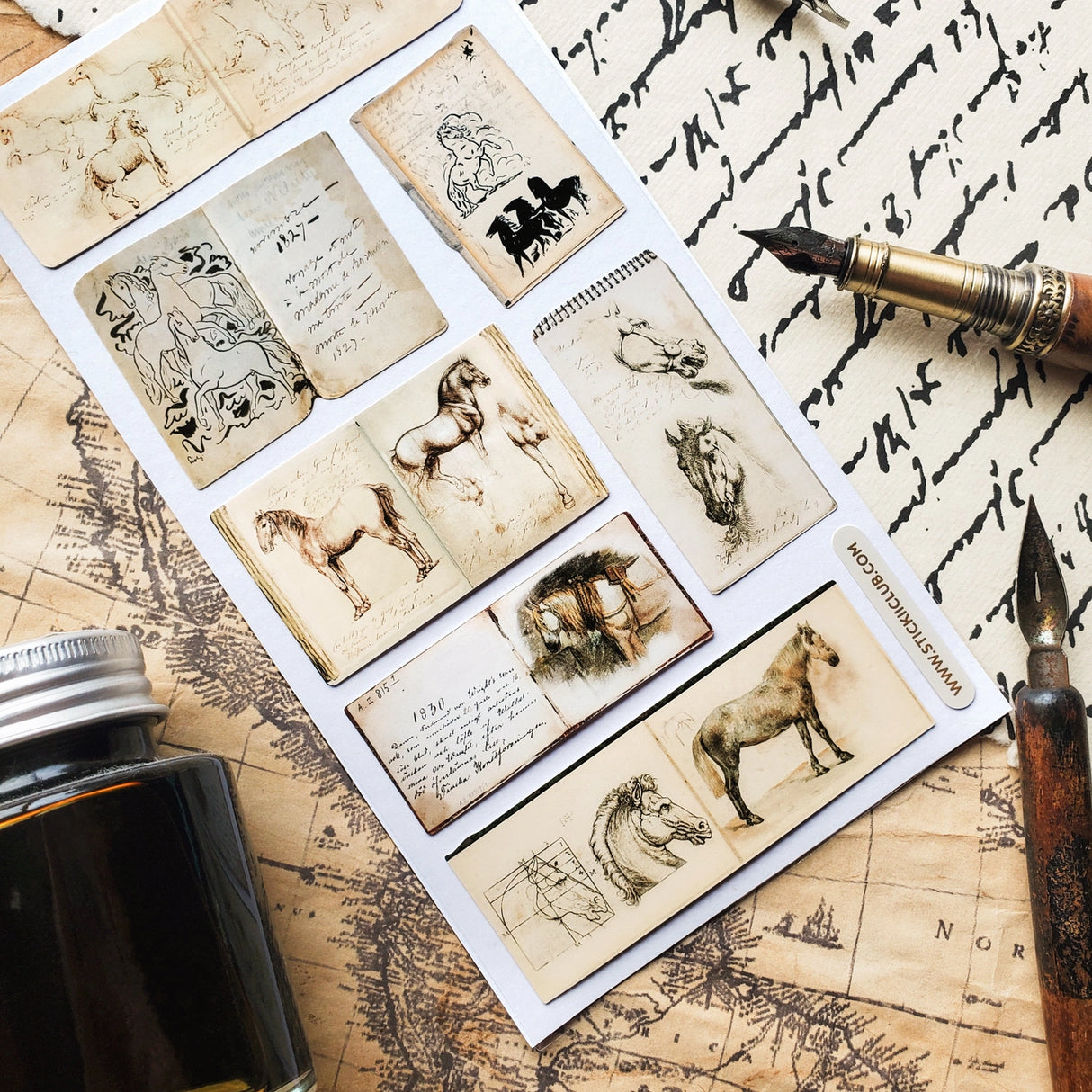 📜🖊 Featuring pages filled with smudged notes, aged paper, and elegant drawings, explore the quiet poetry of the past with this exquisite set of antique horse sketches. From spirited stallions mid-gallop to tender, meticulously rendered portraits, each journal gives us a glimpse into an artist’s wandering, timeworn sketchbook.