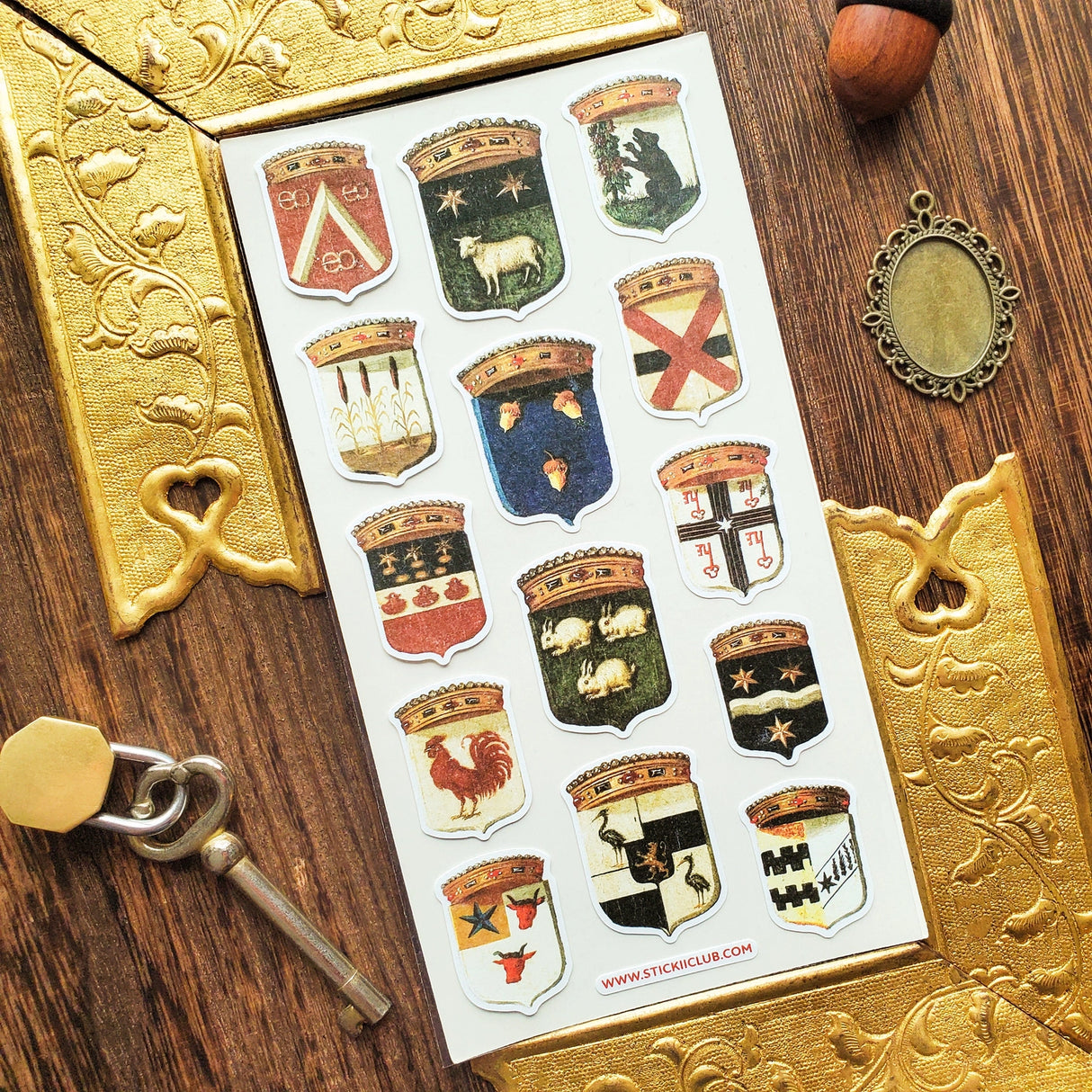 Step into the grand halls of ancient kingdoms with this striking collection of heraldic crests. From star-studded banners and geometric sigils to proud animal emblems symbolizing strength, loyalty, and courage, each shield carries the spirit of medieval artistry and old-world craftsmanship.
Top Coating: None
Adhesive Layer: Paper
Backing Layer: Clear PET
Size: 6.69" x 3.54"
1 sheet included