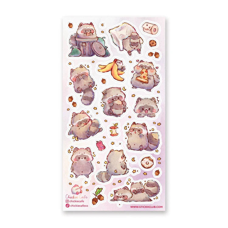 🍕🦝 Get ready for a raccoon-filled adventure with @chickiecafe’s adorably mischievous crew!
These little fluffballs are always up to something, whether they're raiding the trash for snacks, nibbling on bananas, or cozying up for a nap under the stars. This sheet is packed with all the chaotic-cute energy of adorable trash pandas living their best snack-filled lives.