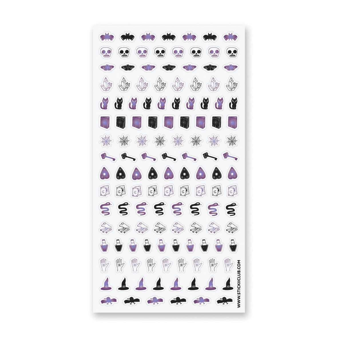 🦇🧪 Double double, foil and trouble—this sticker sheet is a bold and playful spell gone fabulously right! You’ll find crystal shards crackling with energy, wide-eyed black cats casting curious glances, and bubbling potion bottles. Snakes wiggle, frogs leap, and ravens look ready to caw secrets into the night. Tarot cards, witch hats, and keys to hidden realms mix with enchanted hands and mysterious planchettes, all ready for a night of mystical mayhem.