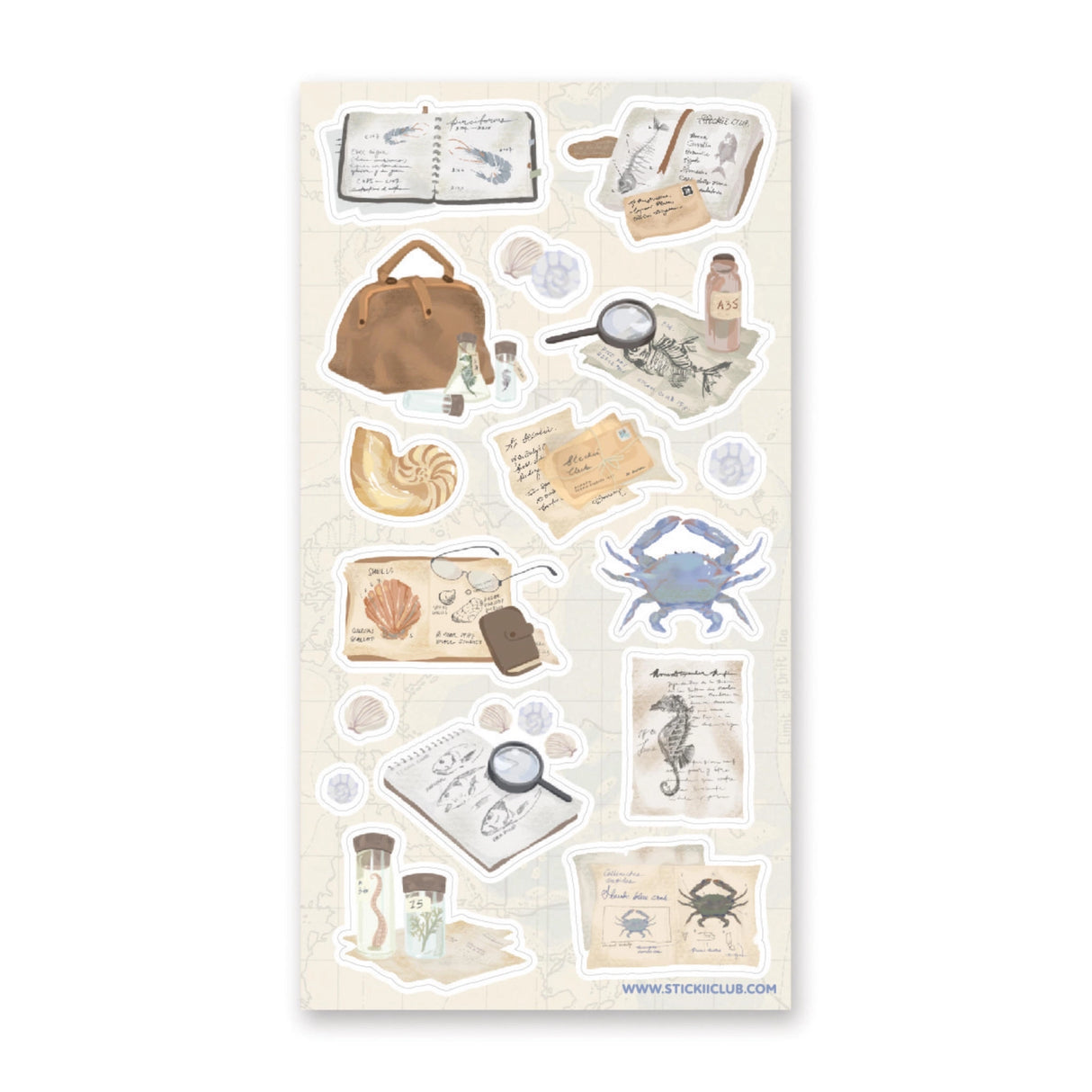 STICKII - Ocean Studies Sticker Sheet
The perfect sheet for those of us that wish to study the wonders of the oceans. 📖 🐚
Art by: @kawaiibroccolii
Top Coating: None
Adhesive Layer: Paper
Backing Layer: Paper
6.69" x 3.54".
Weight - 0.03lbs.
1 sheet included 
