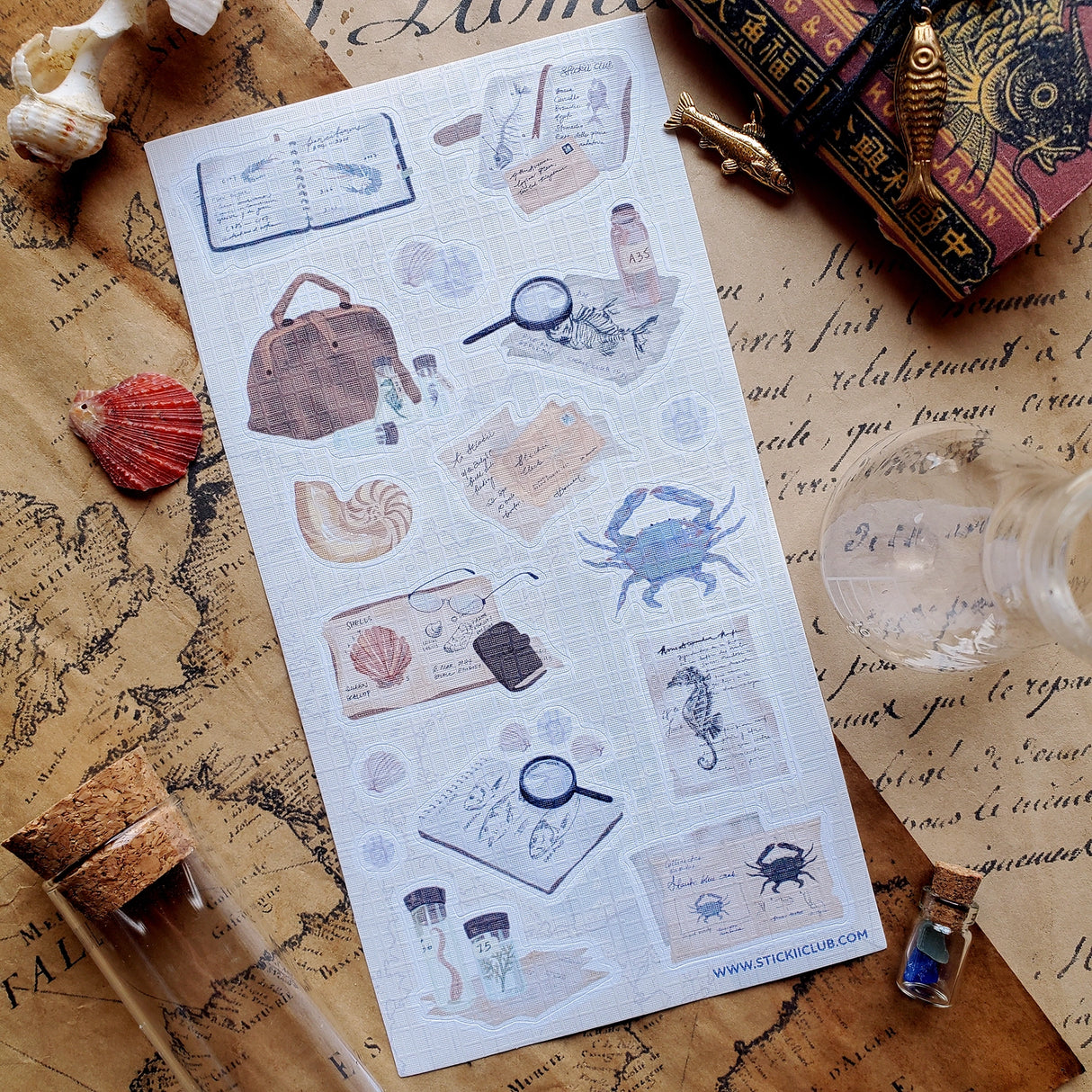 STICKII - Ocean Studies Sticker Sheet
The perfect sheet for those of us that wish to study the wonders of the oceans. 📖 🐚
Art by: @kawaiibroccolii
Top Coating: None
Adhesive Layer: Paper
Backing Layer: Paper
6.69" x 3.54".
Weight - 0.03lbs.
1 sheet included 