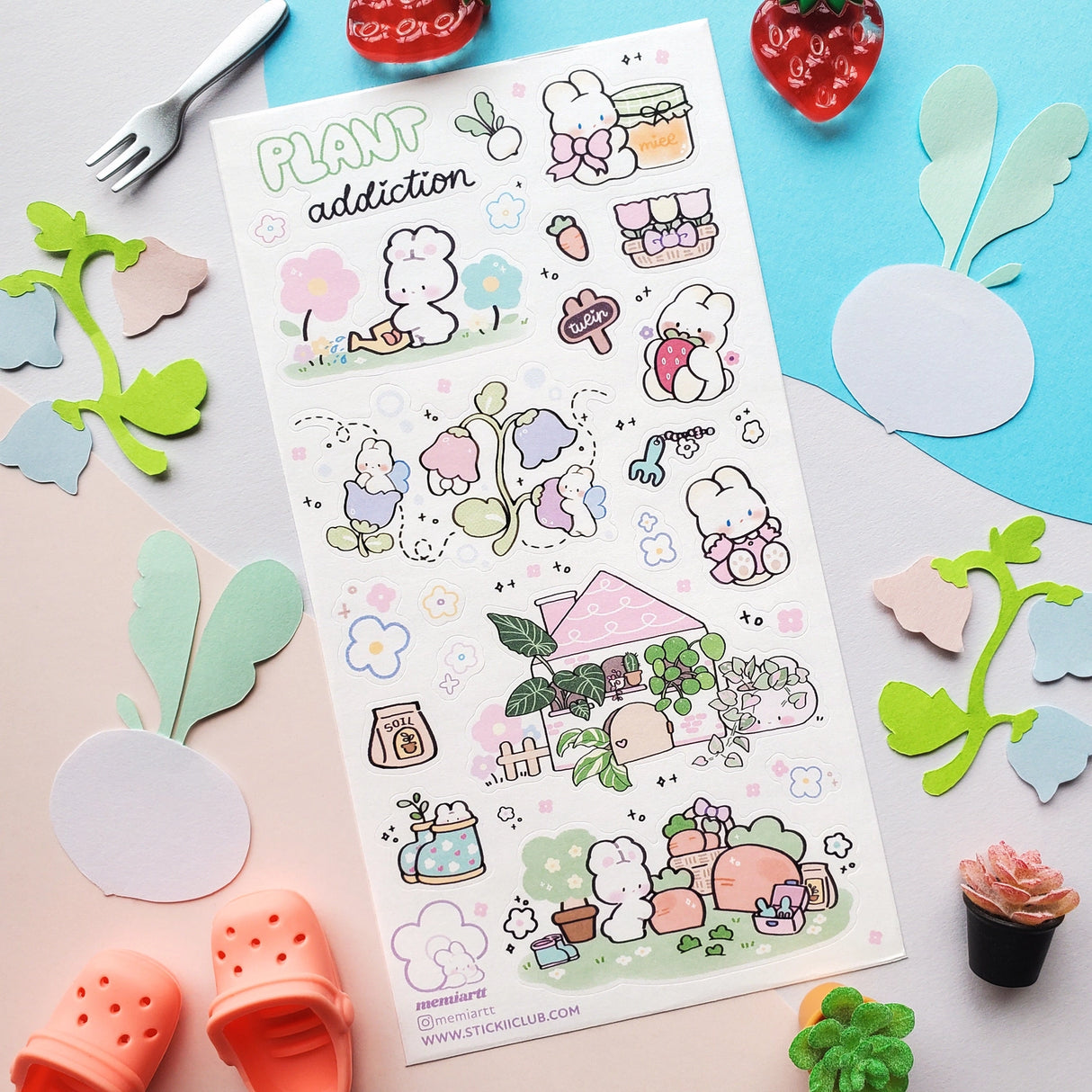 🌱🐰 In @memiartt’s cozy little plant paradise, bunny gardeners nurture with love, muddy paws, and lots of happy hops! From cuddling flowers and mixing soil to watering sprouts, potting leafy friends, and sneaking carrot snack breaks, these bunnies are always busy growing something wonderful that makes this sheet burst with garden magic!
Art by: @memiartt
Top Coating: None
Adhesive Layer: Paper
Backing Layer: Paper
6.69" x 3.54".
Weight - 0.03lbs.
1 sheet included