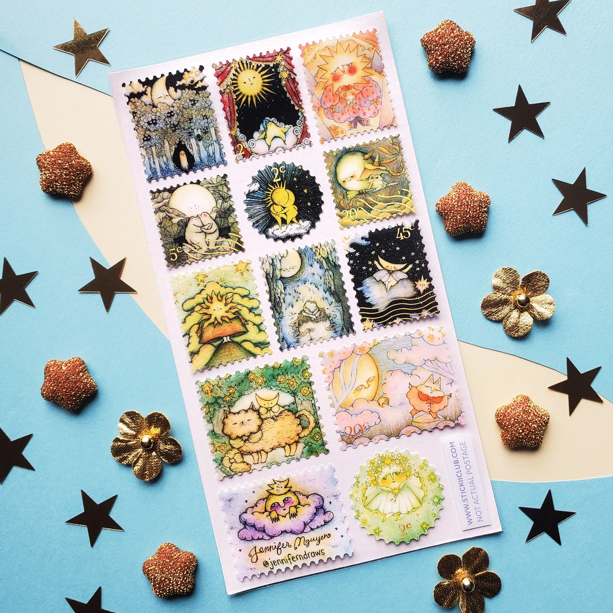 ⛅️🌙 Welcome to a celestial crossroads where the Sun and Moon trade shifts, swap stories, and occasionally bend the rules of the sky. In @jenniferndraws’ cosmic set, the Moon wanders through enchanted forests, the Sun steals the spotlight behind velvet curtains, and together they drift into star-lit adventures that blur the lines between night and day.