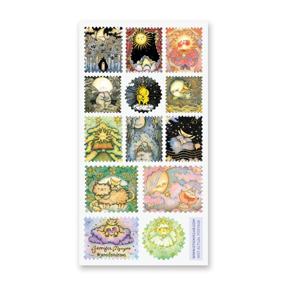 ⛅️🌙 Welcome to a celestial crossroads where the Sun and Moon trade shifts, swap stories, and occasionally bend the rules of the sky. In @jenniferndraws’ cosmic set, the Moon wanders through enchanted forests, the Sun steals the spotlight behind velvet curtains, and together they drift into star-lit adventures that blur the lines between night and day.