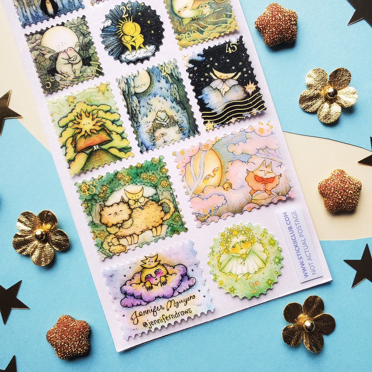 ⛅️🌙 Welcome to a celestial crossroads where the Sun and Moon trade shifts, swap stories, and occasionally bend the rules of the sky. In @jenniferndraws’ cosmic set, the Moon wanders through enchanted forests, the Sun steals the spotlight behind velvet curtains, and together they drift into star-lit adventures that blur the lines between night and day.