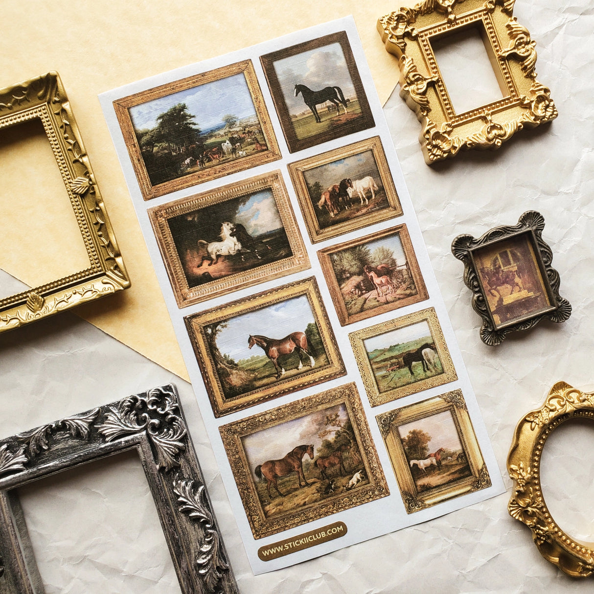 🖼🐎 Like a tiny gallery you can hold in your hands, this sheet is filled with miniature, old-world horse portraits, each lovingly framed in ornate gold and timeworn wood. Inspired by classic pastoral paintings, this elegant set captures gentle strength, flowing manes, and serene moments in nature. A timeless sheet for those who love vintage art, countryside charm, and small details that feel like treasured heirlooms.