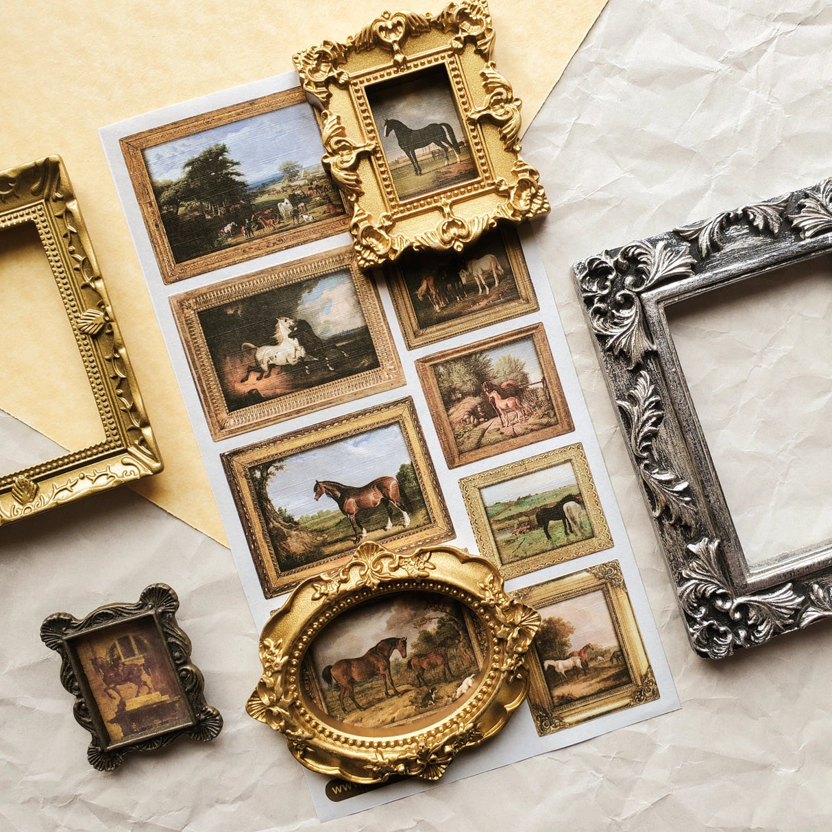 🖼🐎 Like a tiny gallery you can hold in your hands, this sheet is filled with miniature, old-world horse portraits, each lovingly framed in ornate gold and timeworn wood. Inspired by classic pastoral paintings, this elegant set captures gentle strength, flowing manes, and serene moments in nature. A timeless sheet for those who love vintage art, countryside charm, and small details that feel like treasured heirlooms.