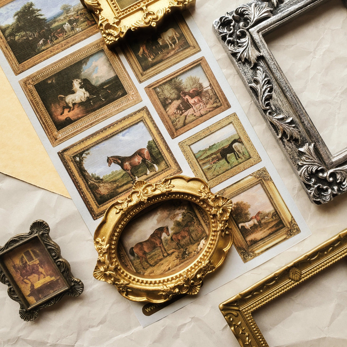 🖼🐎 Like a tiny gallery you can hold in your hands, this sheet is filled with miniature, old-world horse portraits, each lovingly framed in ornate gold and timeworn wood. Inspired by classic pastoral paintings, this elegant set captures gentle strength, flowing manes, and serene moments in nature. A timeless sheet for those who love vintage art, countryside charm, and small details that feel like treasured heirlooms.