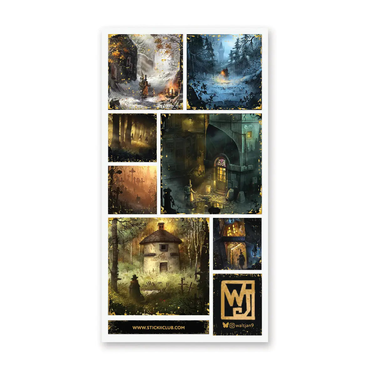 🕯️🌲 Cloaked in mist and flickering lamplight, this hauntingly beautiful collection by @waltjan9 unfolds like a journey through forgotten paths and half-remembered dreams. Snow-dusted forests, quiet graveyards, and glowing doorways hint at stories waiting just beyond the shadows. Moody and cinematic, this sheet captures the beauty of traveling slowly through worlds shaped by light, shadow, and wonder.