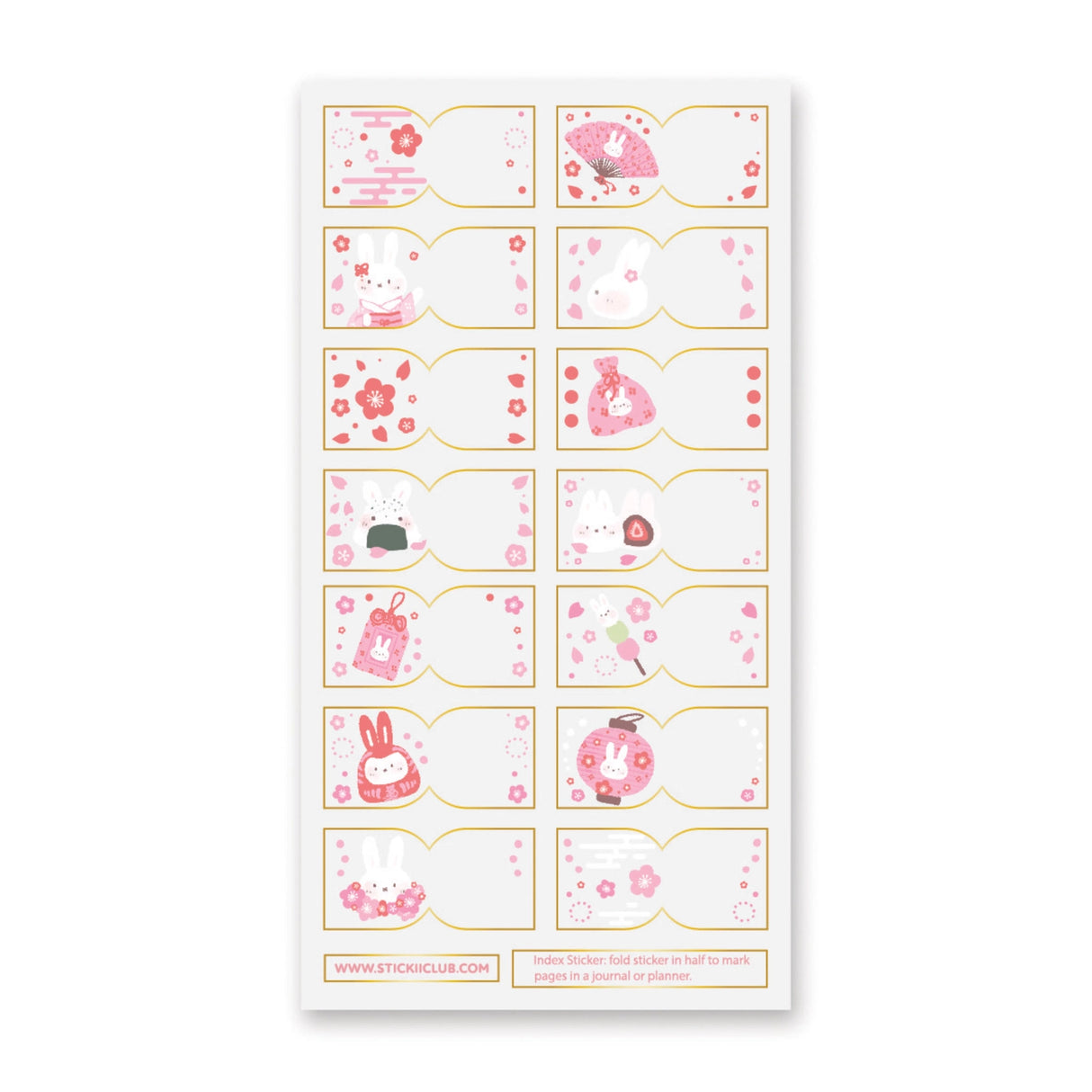 STICKII - Usagi Sakura Tabs Sticker Sheet
These clear tabs will make any journal, planner, or notebook at least 120% cuter! Nothing says springtime adorableness like bunnies and cherry blossoms.
Top Coating: Gold foil
Adhesive Layer: PVC (plastic)
Backing Layer: Clear PET
6.69" x 3.54".
Weight - 0.03lbs.
1 sheet included 