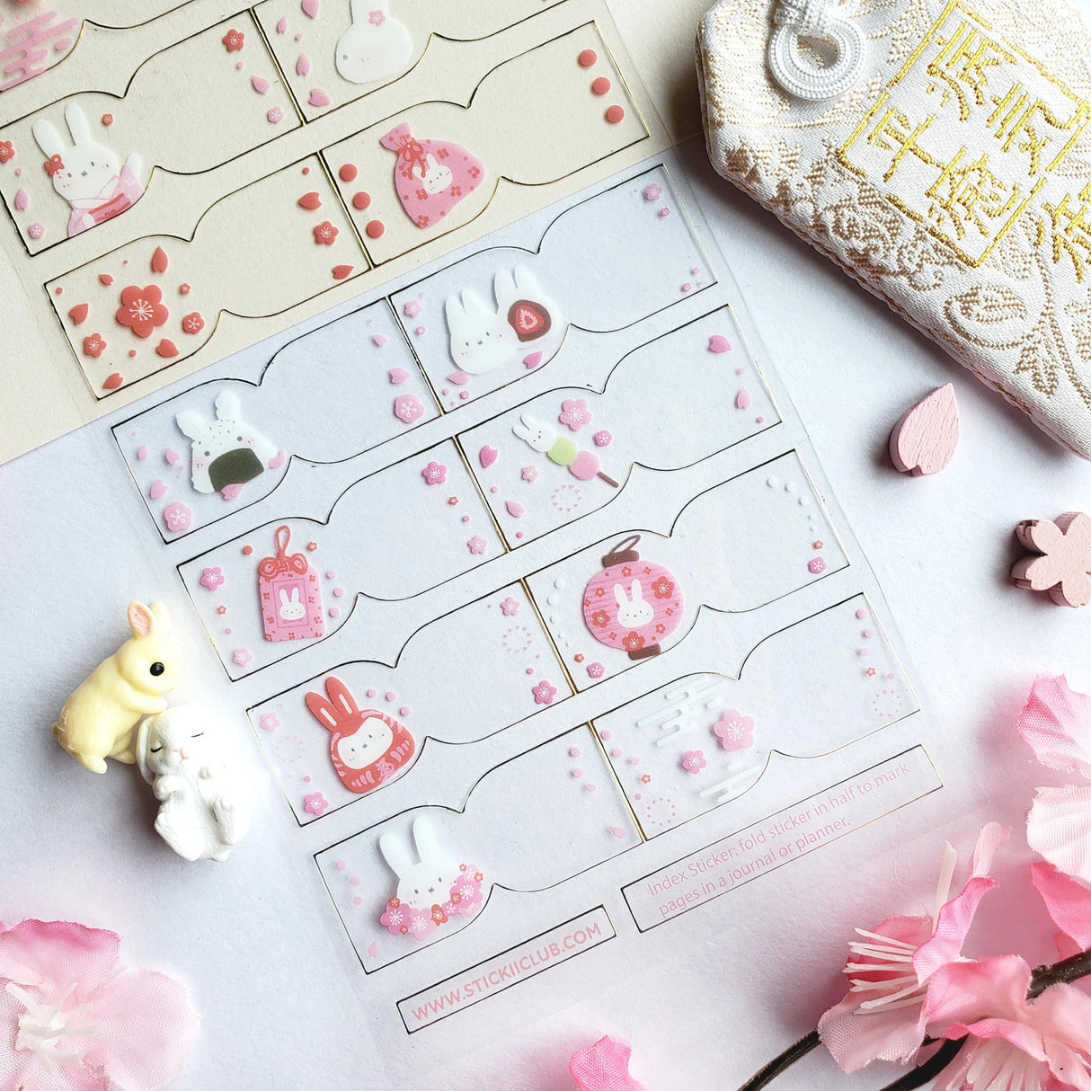 STICKII - Usagi Sakura Tabs Sticker Sheet
These clear tabs will make any journal, planner, or notebook at least 120% cuter! Nothing says springtime adorableness like bunnies and cherry blossoms.
Top Coating: Gold foil
Adhesive Layer: PVC (plastic)
Backing Layer: Clear PET
6.69" x 3.54".
Weight - 0.03lbs.
1 sheet included 