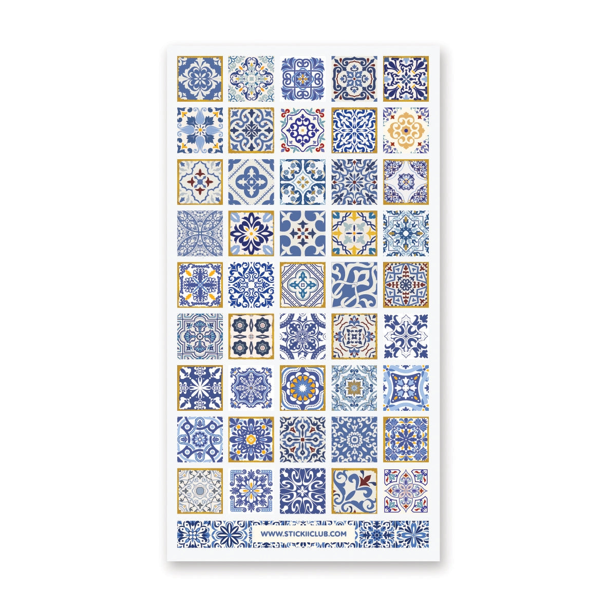 STICKII Azure Whimsy Tiles Sticker Sheet
💙✨ Bring timeless elegance to your creations with this stunning sheet of vintage tiles patterned with intricate designs and shimmering foil accents. From dainty florals to bold geometrics, every square echoes the artistry of classic ceramics in rich shades of blue and gold.