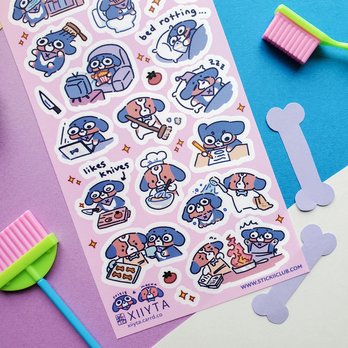 STICKII Crisis & Mocha Sticker Sheet
🐶💤 Meet Crisis & Mocha, just doing their best trying to get through the week (like us). Whether they’re starting fires while tcooking dinner, binge-watching, or just vibing in a disaster of their own making, this sheet by @xiiyta is a reminder that yes we’re all a mess but we’re an adorable mess so it’s okay or something.