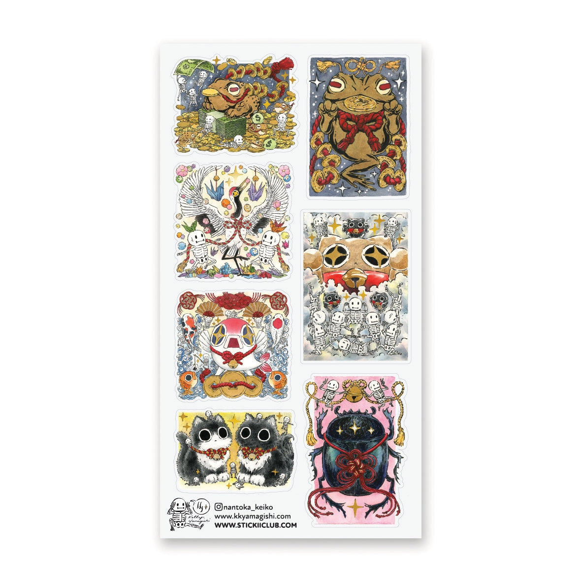 🪙🐸 Luck meets mischief in this enchanting sheet by @nantoka_keiko. In this wild festival of fortune: coin-loving frogs, dancing skeletons, and quirky spirit creatures stack coins, ring bells, and summon good vibes in the most unexpected ways. Stick them anywhere you need a boost of magic, sparkle, and playful fortune!
Art by: @nantoka_keiko