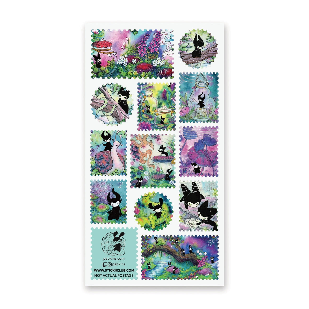 🌳🍄 Stamp your passport and hang on to it tight or one of these cuties might get curious! This whimsical sheet by @pabkins features curious little forest spirits that dart between mushrooms, bottle secret spells, ride friendly snails, and splash through ancient streams. They got a penchant for exploring, and they want you to join (sometimes unknowingly!)
Art by: @pabkins
Top Coating: Silver foil
Adhesive Layer: Paper
Backing Layer: Clear PET
6.69" x 3.54".
Weight - 0.03lbs.
1 sheet incl